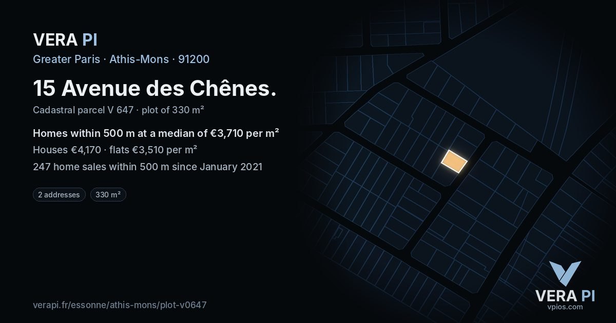 15 Avenue des Chênes, Athis-Mons at night – the plot lit, the parcels around coloured by the prices near them