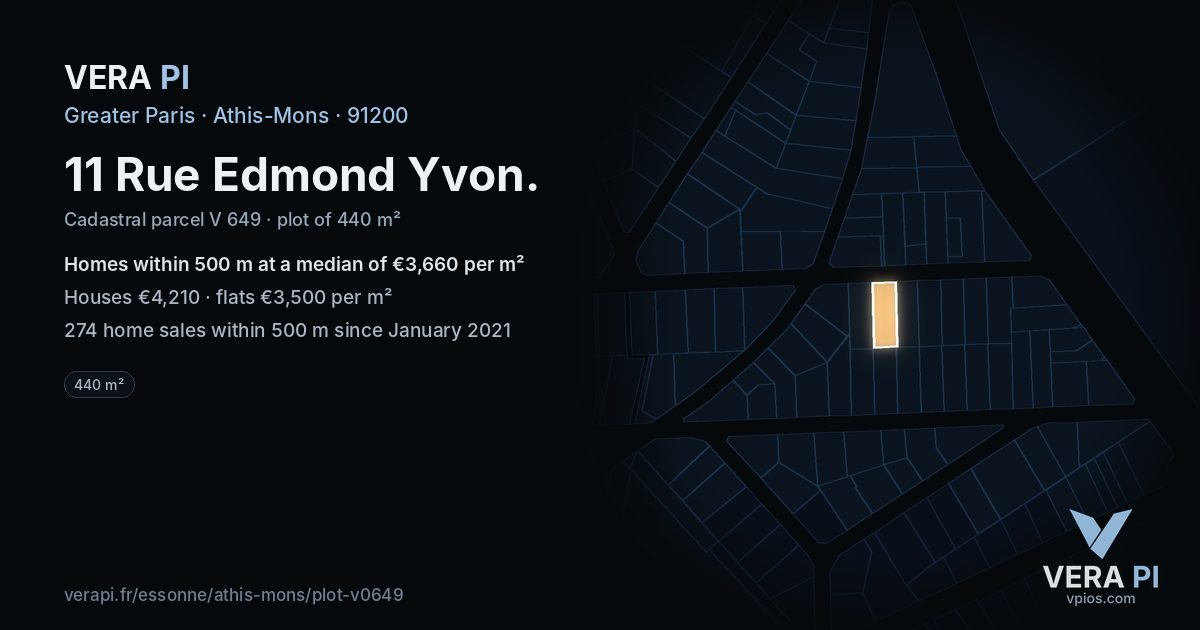 11 Rue Edmond Yvon, Athis-Mons at night – the plot lit, the parcels around coloured by the prices near them