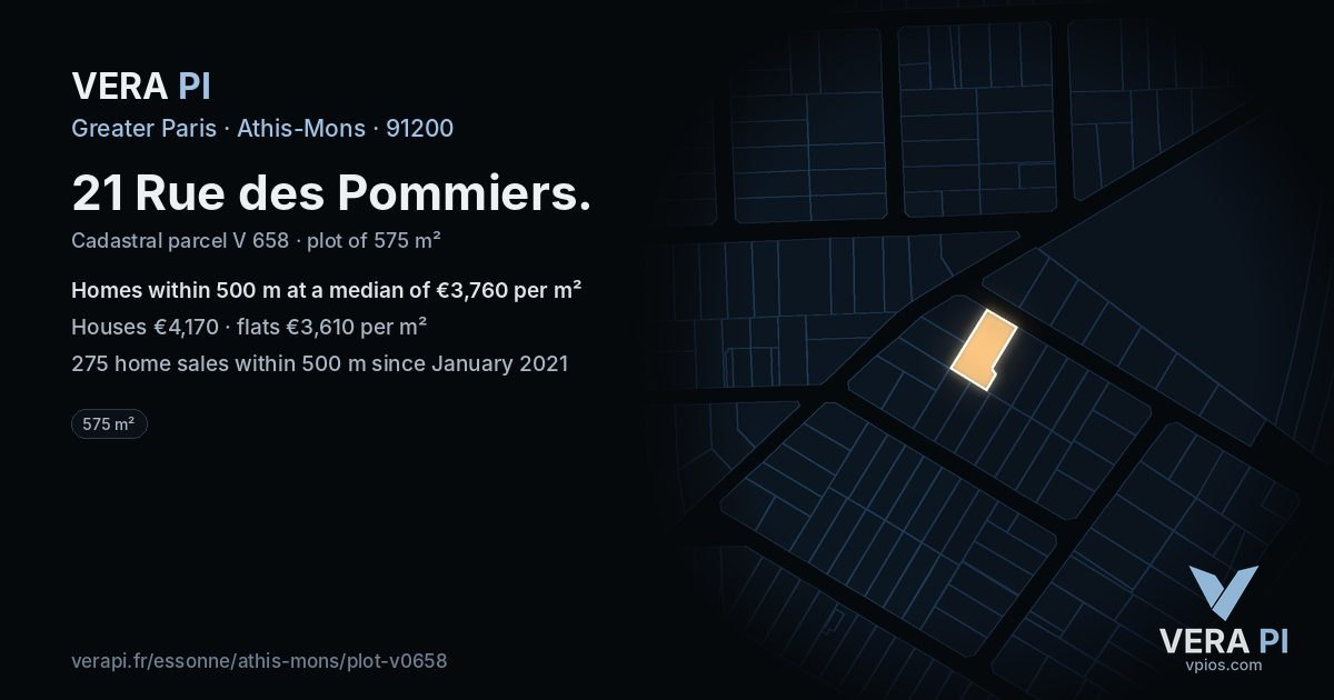 21 Rue des Pommiers, Athis-Mons at night – the plot lit, the parcels around coloured by the prices near them