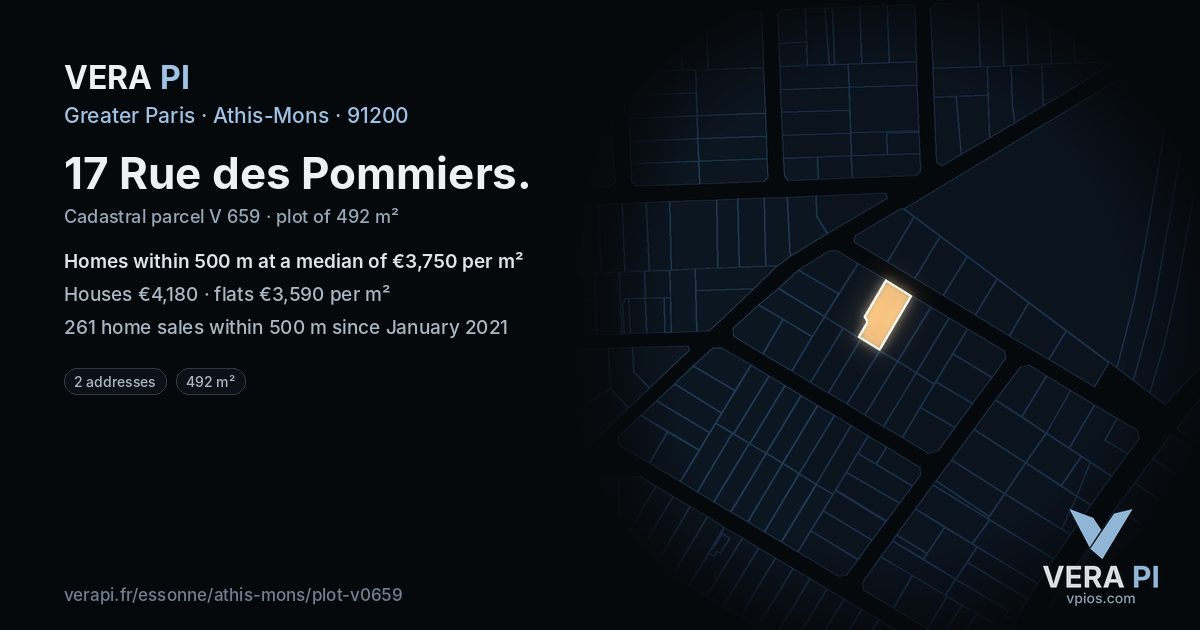 17 Rue des Pommiers, Athis-Mons at night – the plot lit, the parcels around coloured by the prices near them