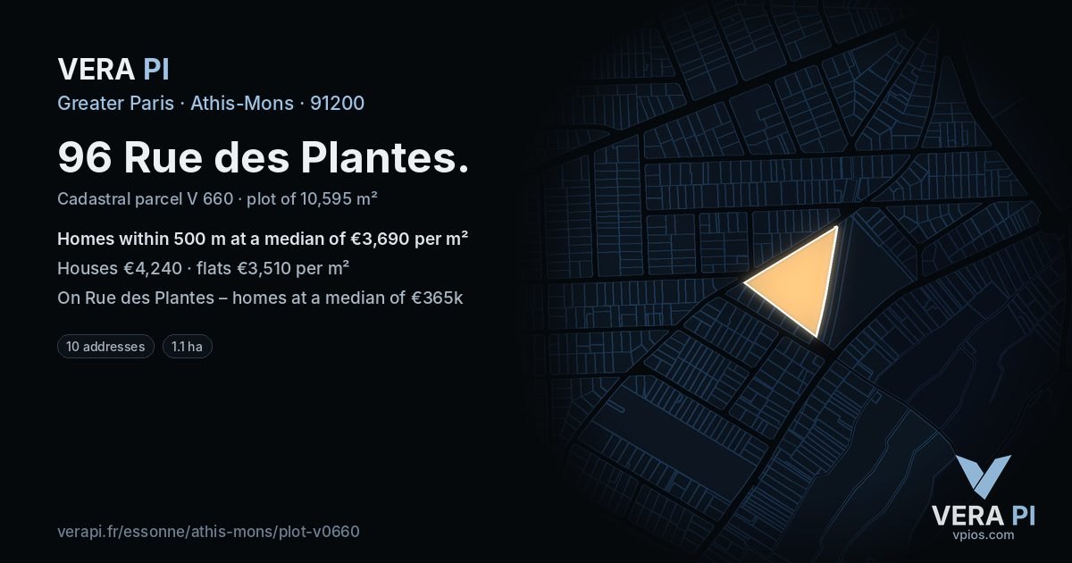 96 Rue des Plantes, Athis-Mons at night – the plot lit, the parcels around coloured by the prices near them