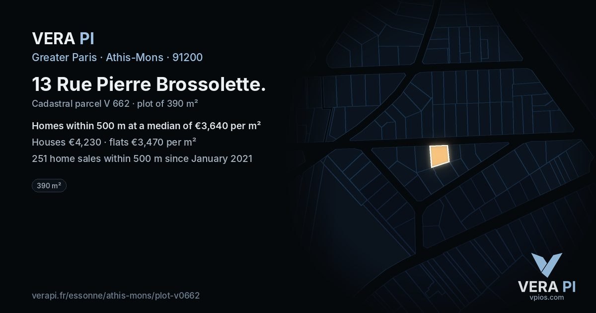 13 Rue Pierre Brossolette, Athis-Mons at night – the plot lit, the parcels around coloured by the prices near them