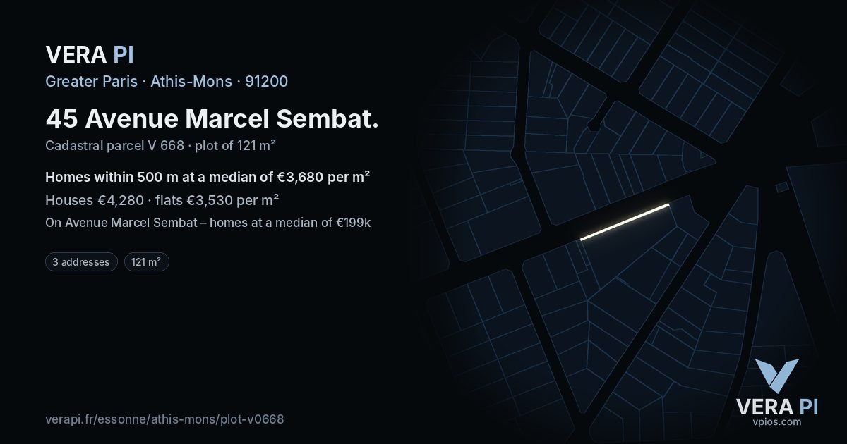 45 Avenue Marcel Sembat, Athis-Mons at night – the plot lit, the parcels around coloured by the prices near them
