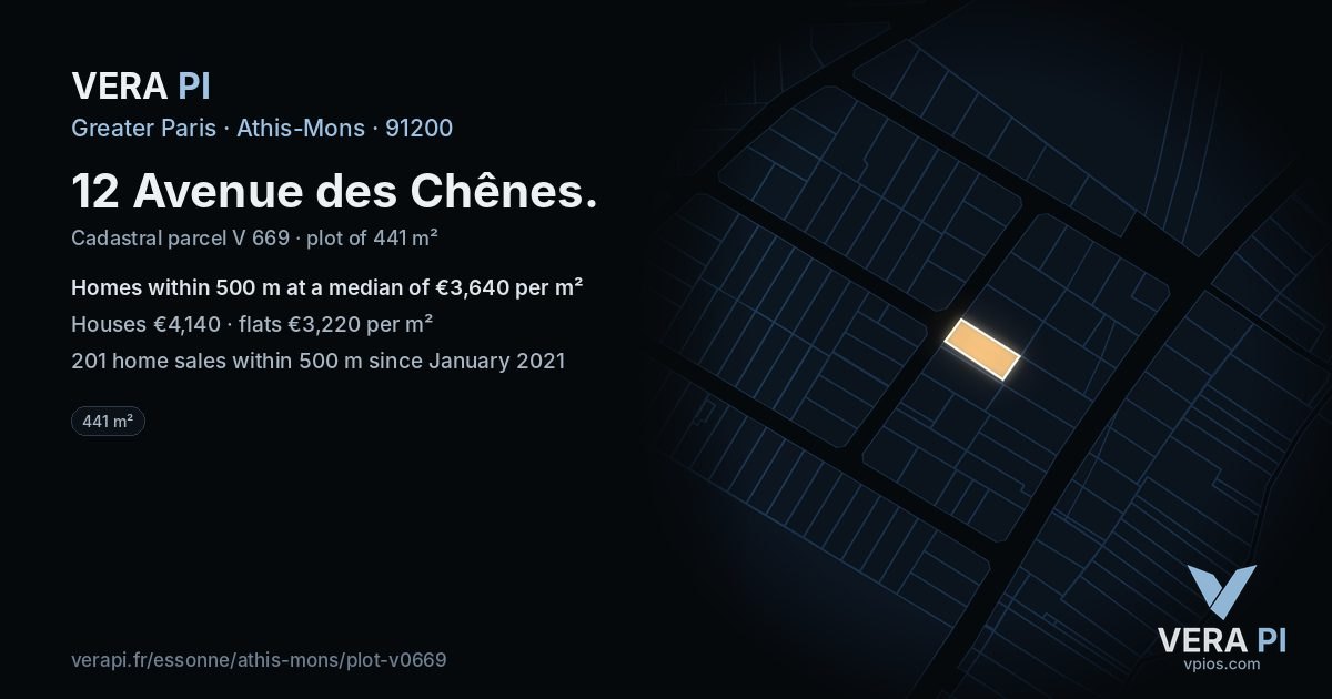12 Avenue des Chênes, Athis-Mons at night – the plot lit, the parcels around coloured by the prices near them