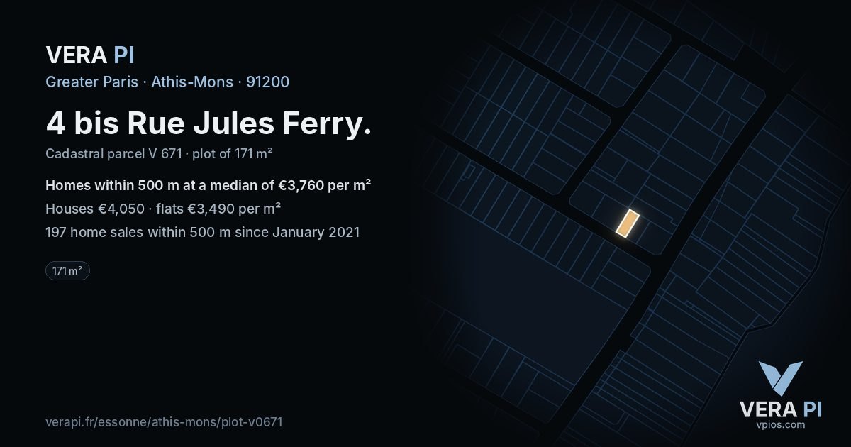 4 bis Rue Jules Ferry, Athis-Mons at night – the plot lit, the parcels around coloured by the prices near them