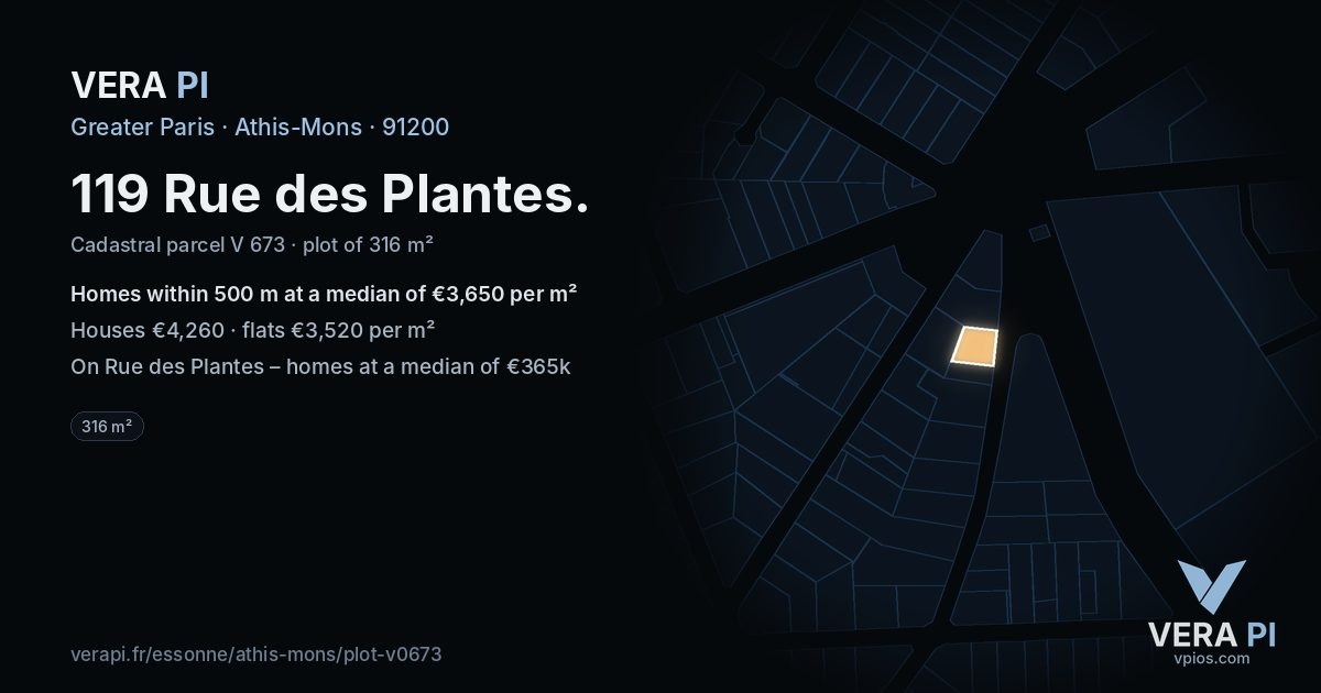 119 Rue des Plantes, Athis-Mons at night – the plot lit, the parcels around coloured by the prices near them