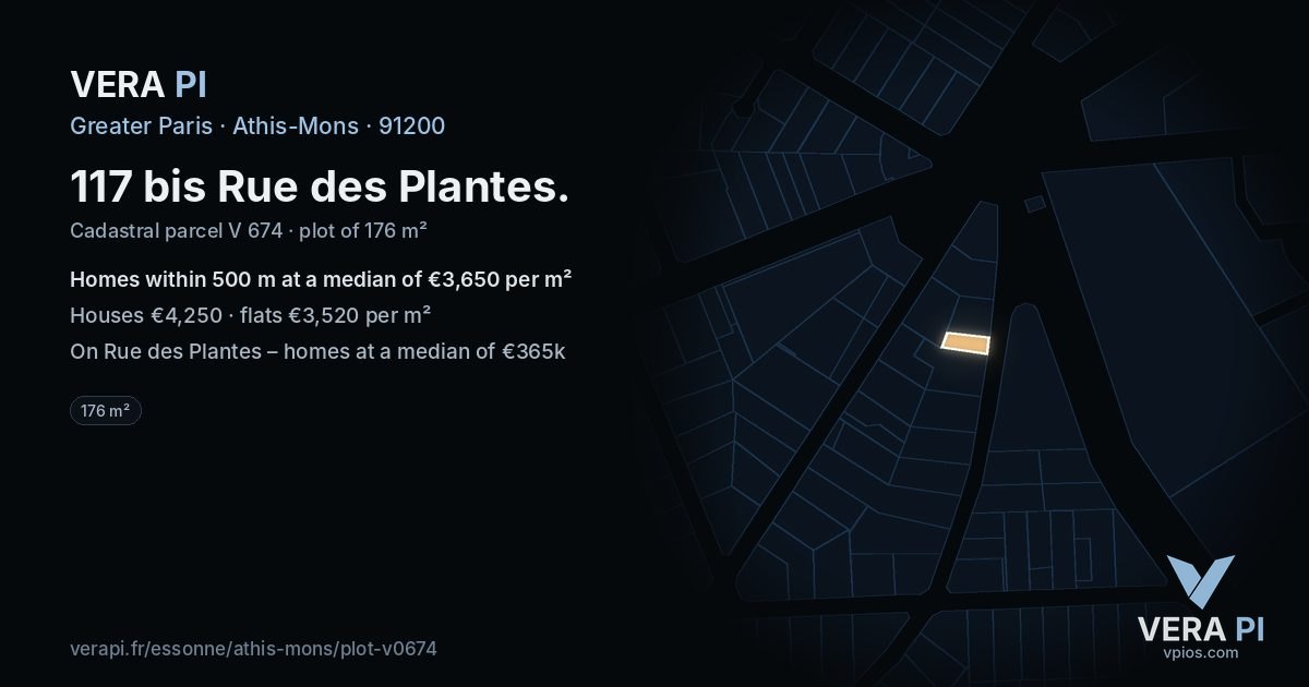 117 bis Rue des Plantes, Athis-Mons at night – the plot lit, the parcels around coloured by the prices near them