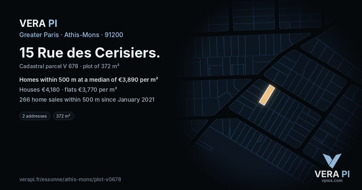 15 Rue des Cerisiers, Athis-Mons at night – the plot lit, the parcels around coloured by the prices near them