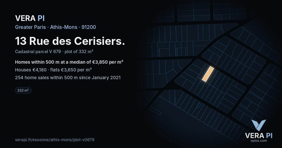 13 Rue des Cerisiers, Athis-Mons at night – the plot lit, the parcels around coloured by the prices near them