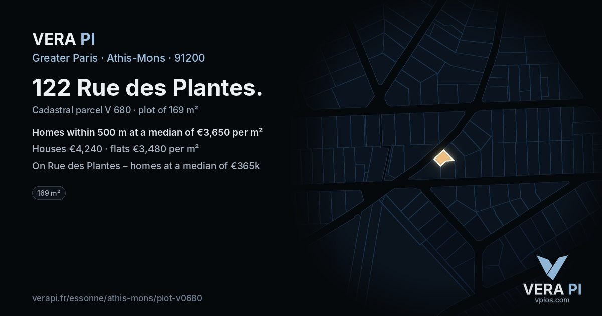 122 Rue des Plantes, Athis-Mons at night – the plot lit, the parcels around coloured by the prices near them