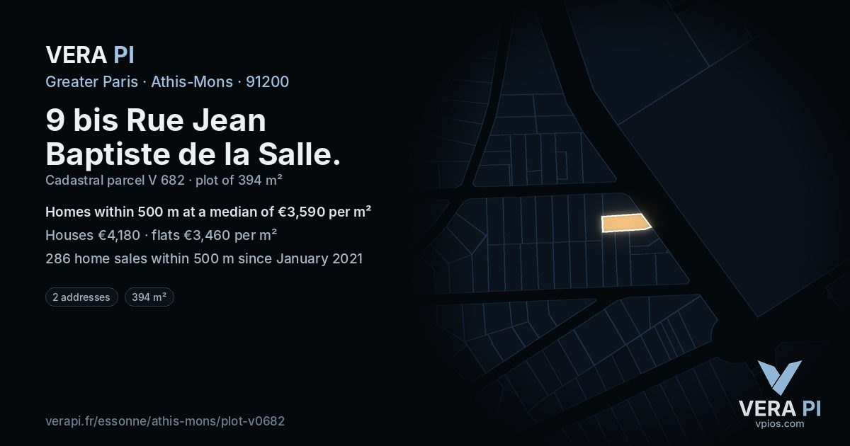 9 bis Rue Jean Baptiste de la Salle, Athis-Mons at night – the plot lit, the parcels around coloured by the prices near them