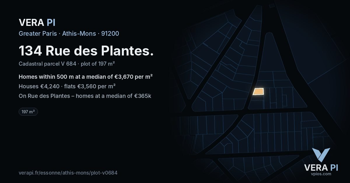 134 Rue des Plantes, Athis-Mons at night – the plot lit, the parcels around coloured by the prices near them