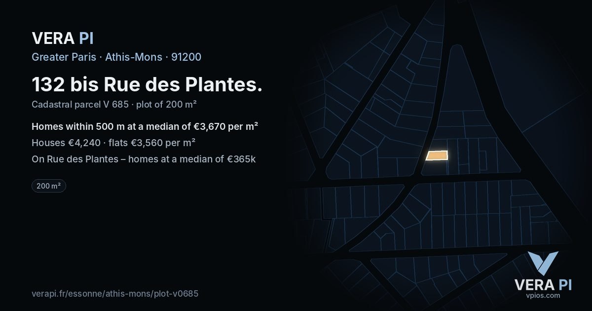 132 bis Rue des Plantes, Athis-Mons at night – the plot lit, the parcels around coloured by the prices near them