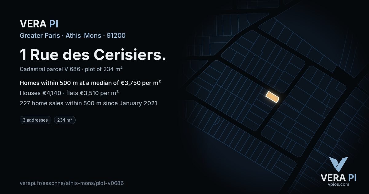 1 Rue des Cerisiers, Athis-Mons at night – the plot lit, the parcels around coloured by the prices near them