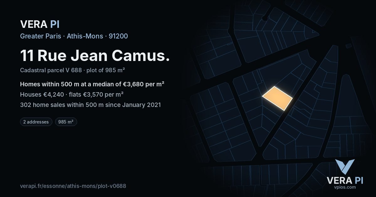 11 Rue Jean Camus, Athis-Mons at night – the plot lit, the parcels around coloured by the prices near them