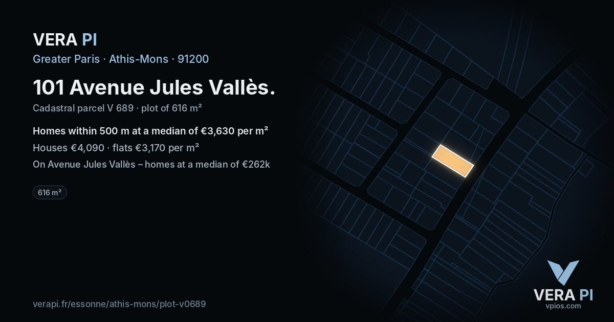 101 Avenue Jules Vallès, Athis-Mons at night – the plot lit, the parcels around coloured by the prices near them