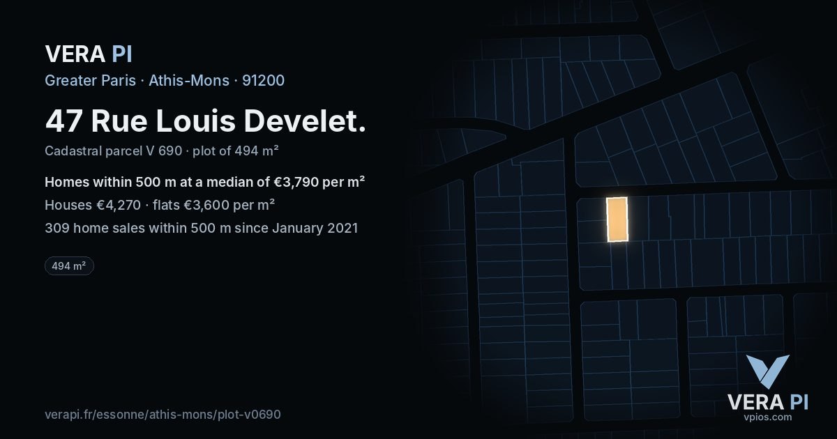 47 Rue Louis Develet, Athis-Mons at night – the plot lit, the parcels around coloured by the prices near them
