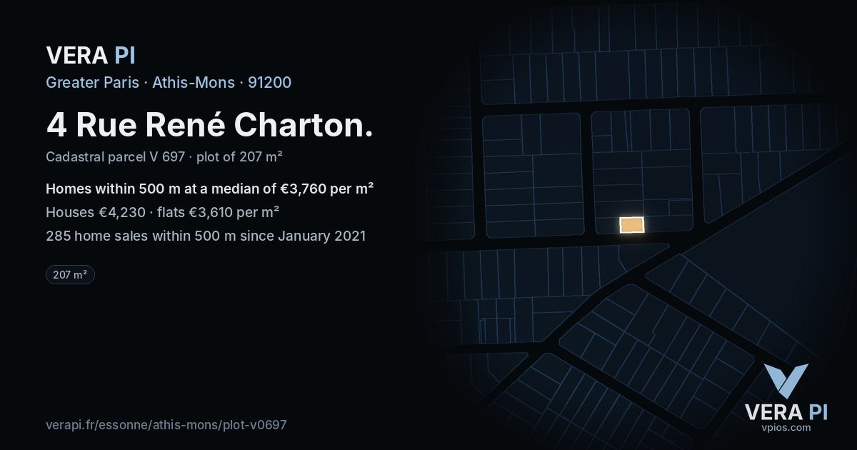 4 Rue René Charton, Athis-Mons at night – the plot lit, the parcels around coloured by the prices near them