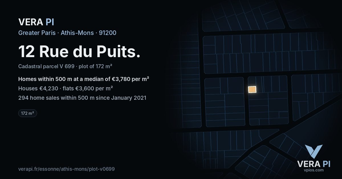 12 Rue du Puits, Athis-Mons at night – the plot lit, the parcels around coloured by the prices near them