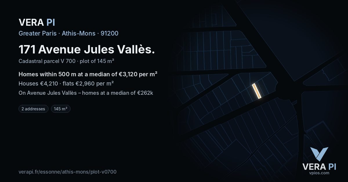 171 Avenue Jules Vallès, Athis-Mons at night – the plot lit, the parcels around coloured by the prices near them