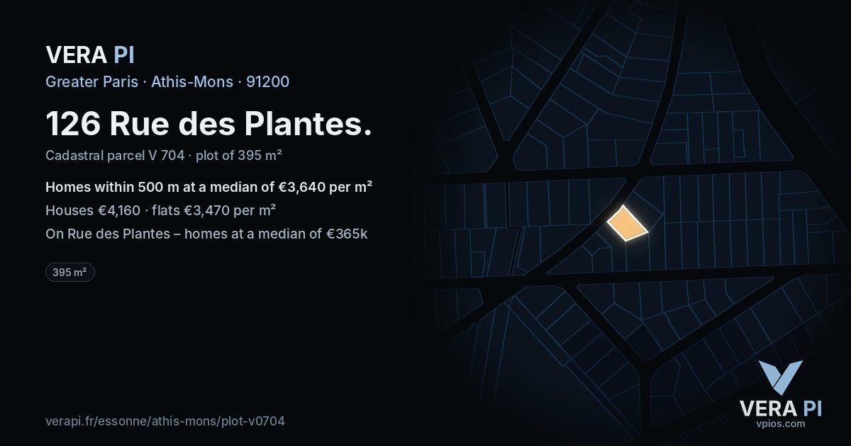 126 Rue des Plantes, Athis-Mons at night – the plot lit, the parcels around coloured by the prices near them