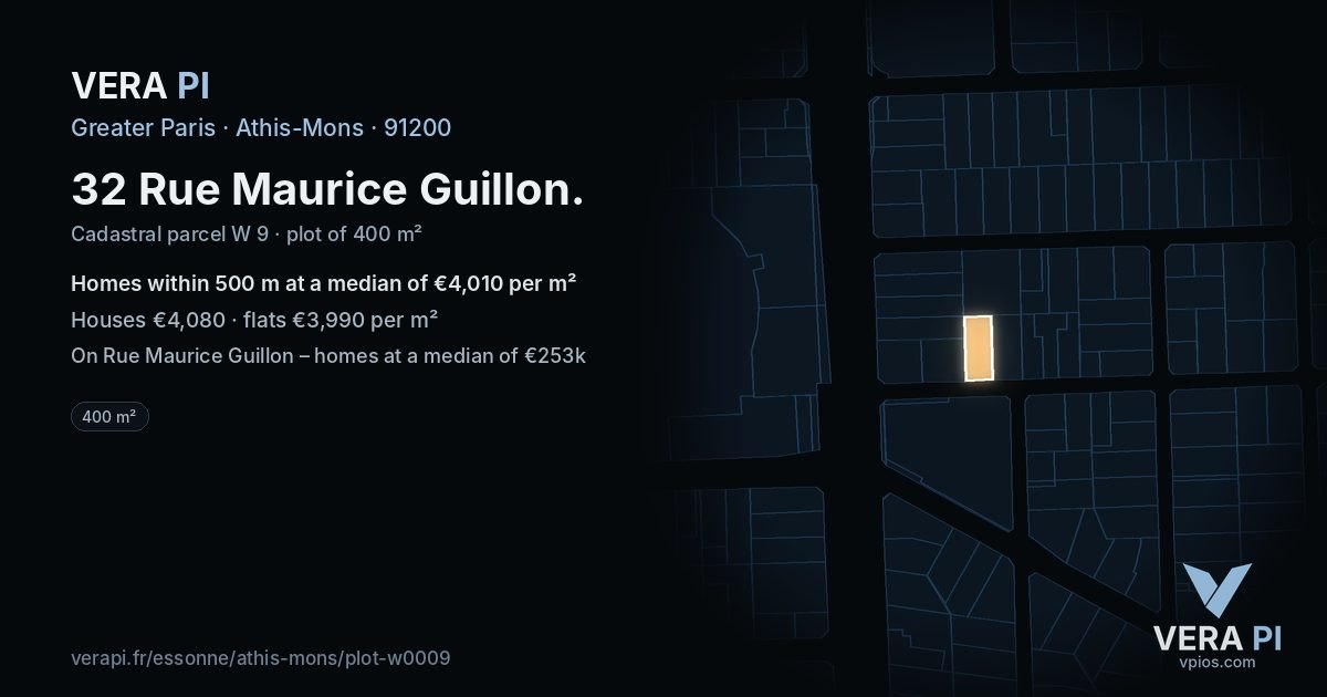 32 Rue Maurice Guillon, Athis-Mons at night – the plot lit, the parcels around coloured by the prices near them