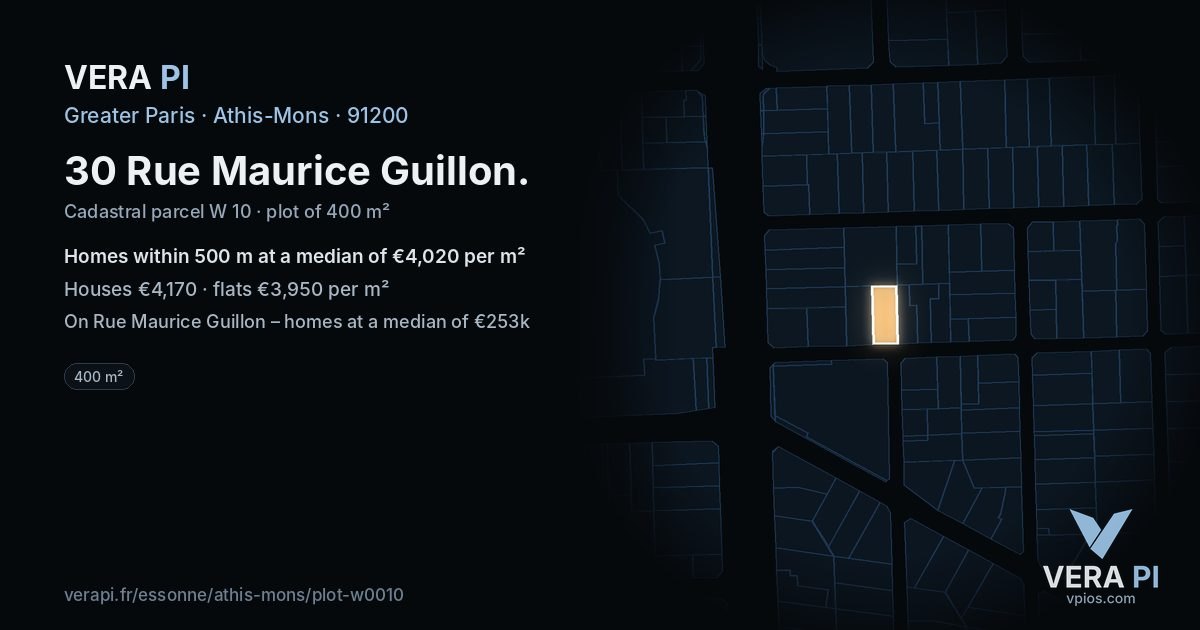 30 Rue Maurice Guillon, Athis-Mons at night – the plot lit, the parcels around coloured by the prices near them