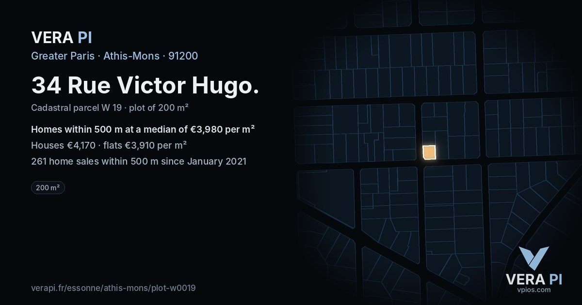 34 Rue Victor Hugo, Athis-Mons at night – the plot lit, the parcels around coloured by the prices near them