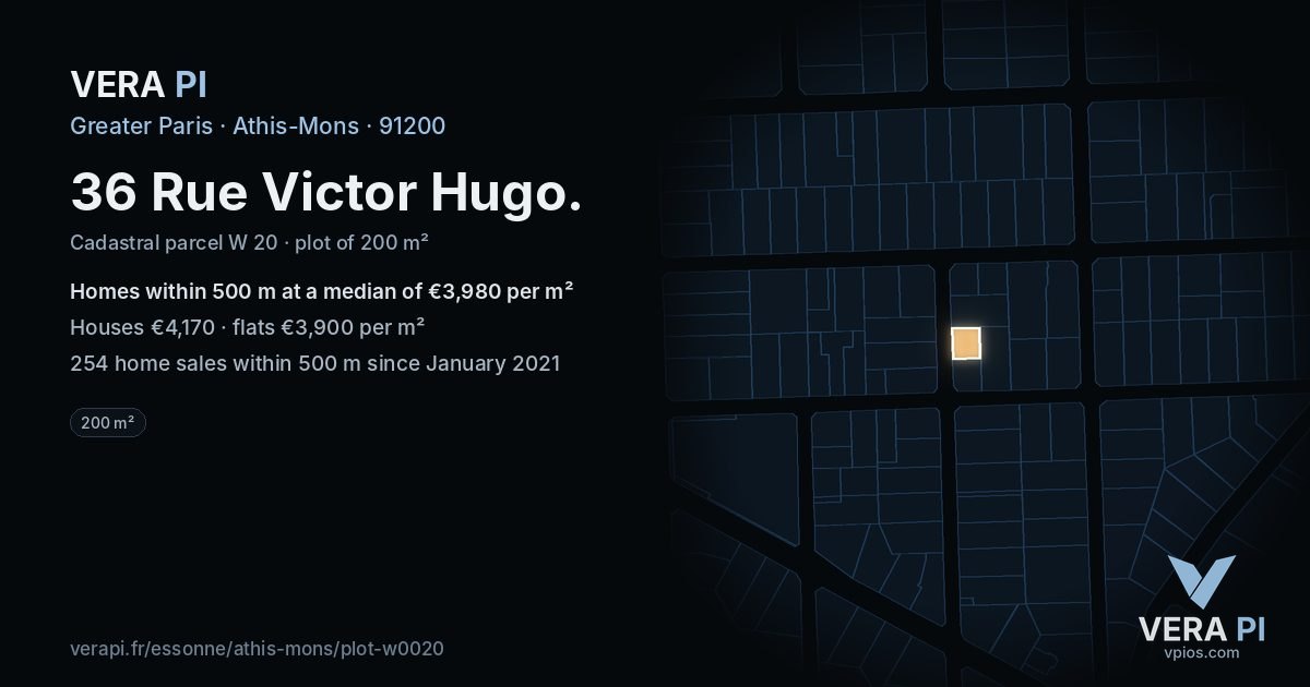 36 Rue Victor Hugo, Athis-Mons at night – the plot lit, the parcels around coloured by the prices near them