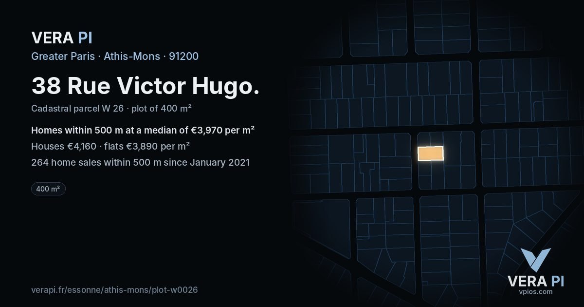 38 Rue Victor Hugo, Athis-Mons at night – the plot lit, the parcels around coloured by the prices near them