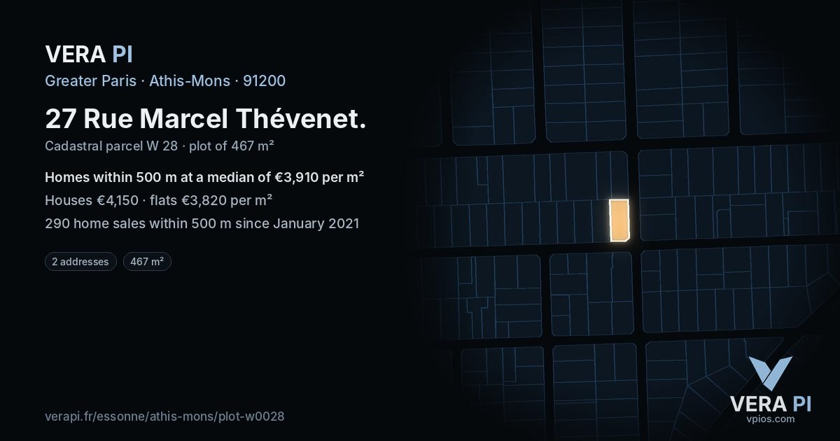 27 Rue Marcel Thévenet, Athis-Mons at night – the plot lit, the parcels around coloured by the prices near them