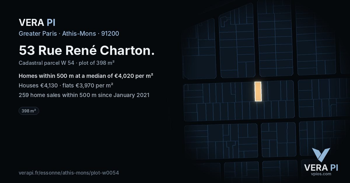 53 Rue René Charton, Athis-Mons at night – the plot lit, the parcels around coloured by the prices near them