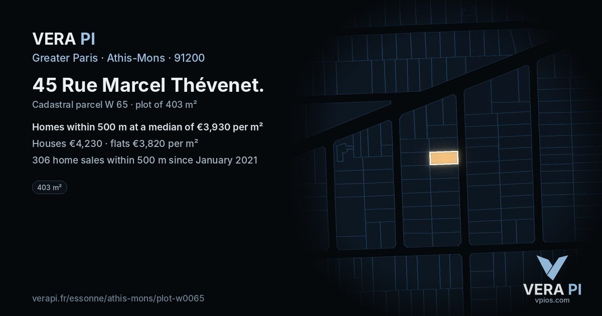 45 Rue Marcel Thévenet, Athis-Mons at night – the plot lit, the parcels around coloured by the prices near them