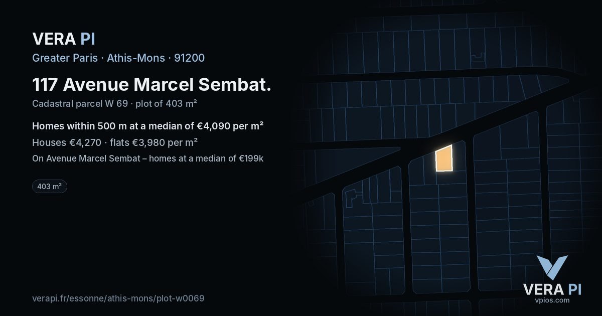 117 Avenue Marcel Sembat, Athis-Mons at night – the plot lit, the parcels around coloured by the prices near them