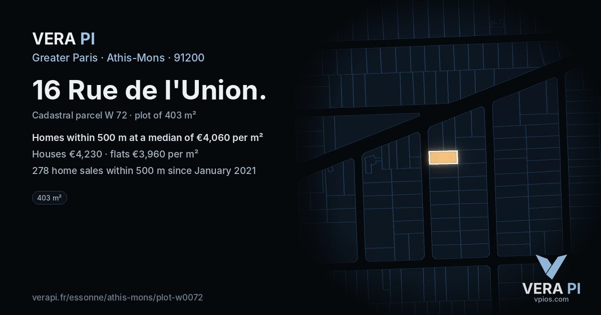16 Rue de l'Union, Athis-Mons at night – the plot lit, the parcels around coloured by the prices near them