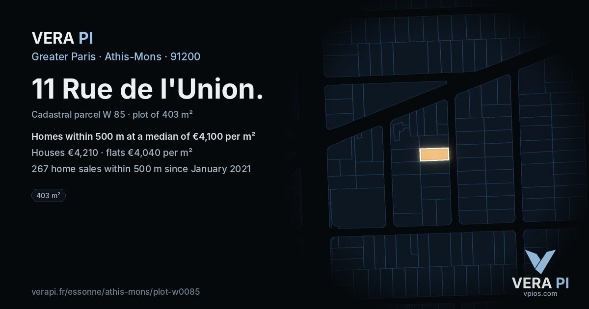 11 Rue de l'Union, Athis-Mons at night – the plot lit, the parcels around coloured by the prices near them