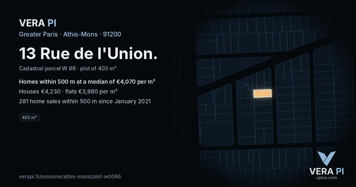 13 Rue de l'Union, Athis-Mons at night – the plot lit, the parcels around coloured by the prices near them