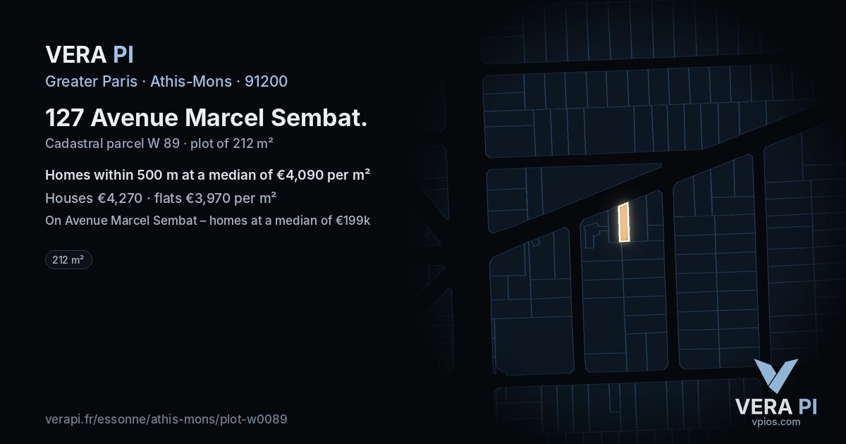 127 Avenue Marcel Sembat, Athis-Mons at night – the plot lit, the parcels around coloured by the prices near them