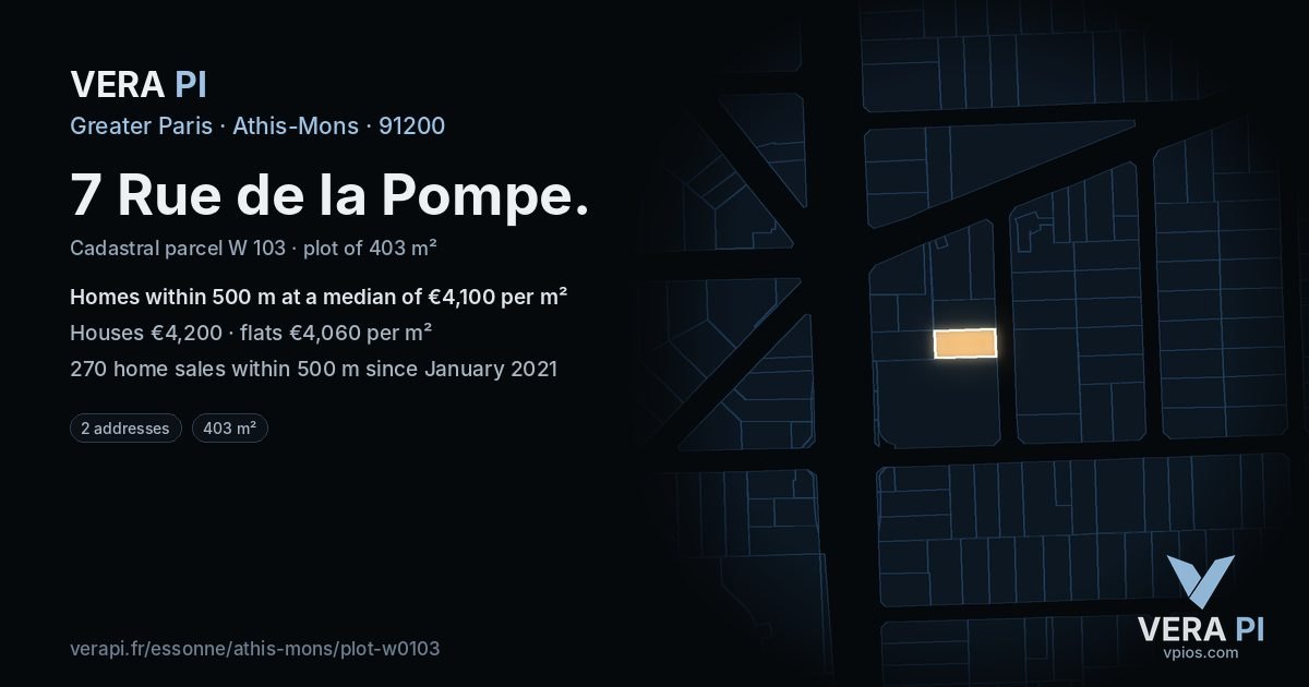 7 Rue de la Pompe, Athis-Mons at night – the plot lit, the parcels around coloured by the prices near them