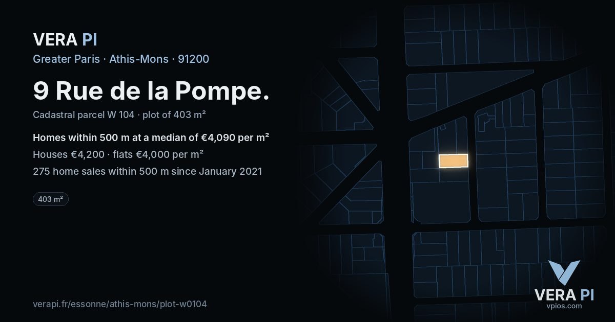 9 Rue de la Pompe, Athis-Mons at night – the plot lit, the parcels around coloured by the prices near them