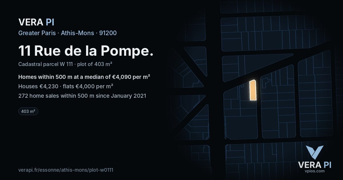 11 Rue de la Pompe, Athis-Mons at night – the plot lit, the parcels around coloured by the prices near them