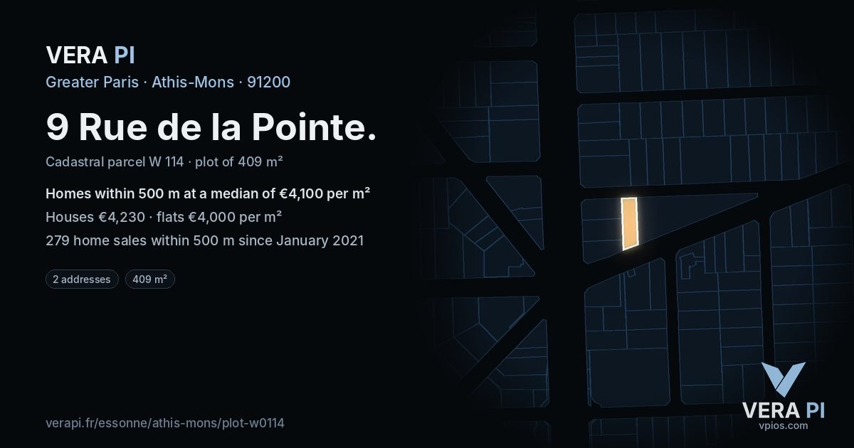 9 Rue de la Pointe, Athis-Mons at night – the plot lit, the parcels around coloured by the prices near them