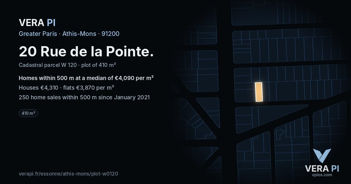 20 Rue de la Pointe, Athis-Mons at night – the plot lit, the parcels around coloured by the prices near them