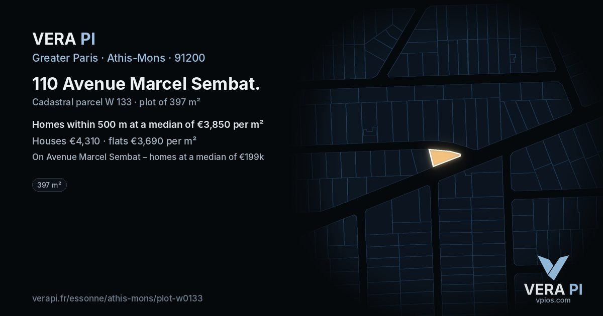 110 Avenue Marcel Sembat, Athis-Mons at night – the plot lit, the parcels around coloured by the prices near them