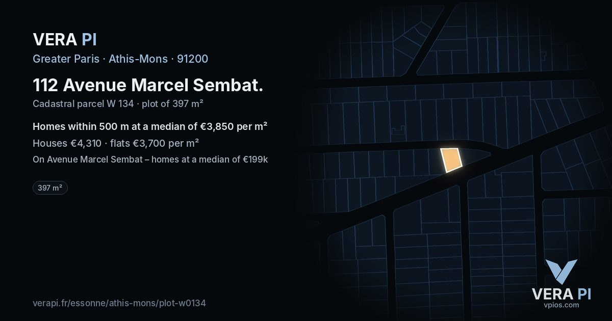 112 Avenue Marcel Sembat, Athis-Mons at night – the plot lit, the parcels around coloured by the prices near them