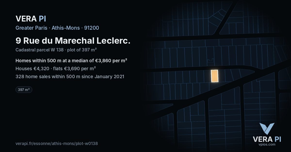 9 Rue du Marechal Leclerc, Athis-Mons at night – the plot lit, the parcels around coloured by the prices near them