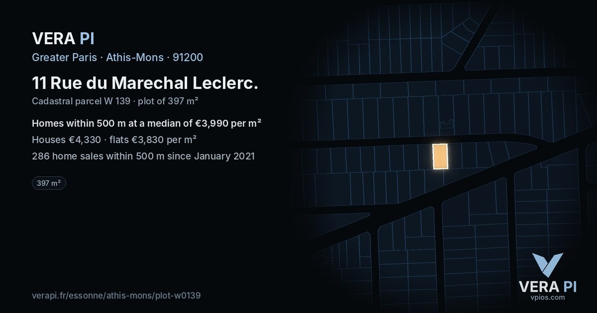 11 Rue du Marechal Leclerc, Athis-Mons at night – the plot lit, the parcels around coloured by the prices near them