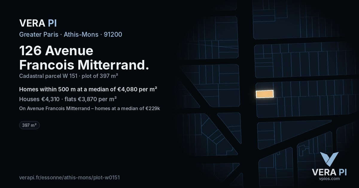 126 Avenue Francois Mitterrand, Athis-Mons at night – the plot lit, the parcels around coloured by the prices near them