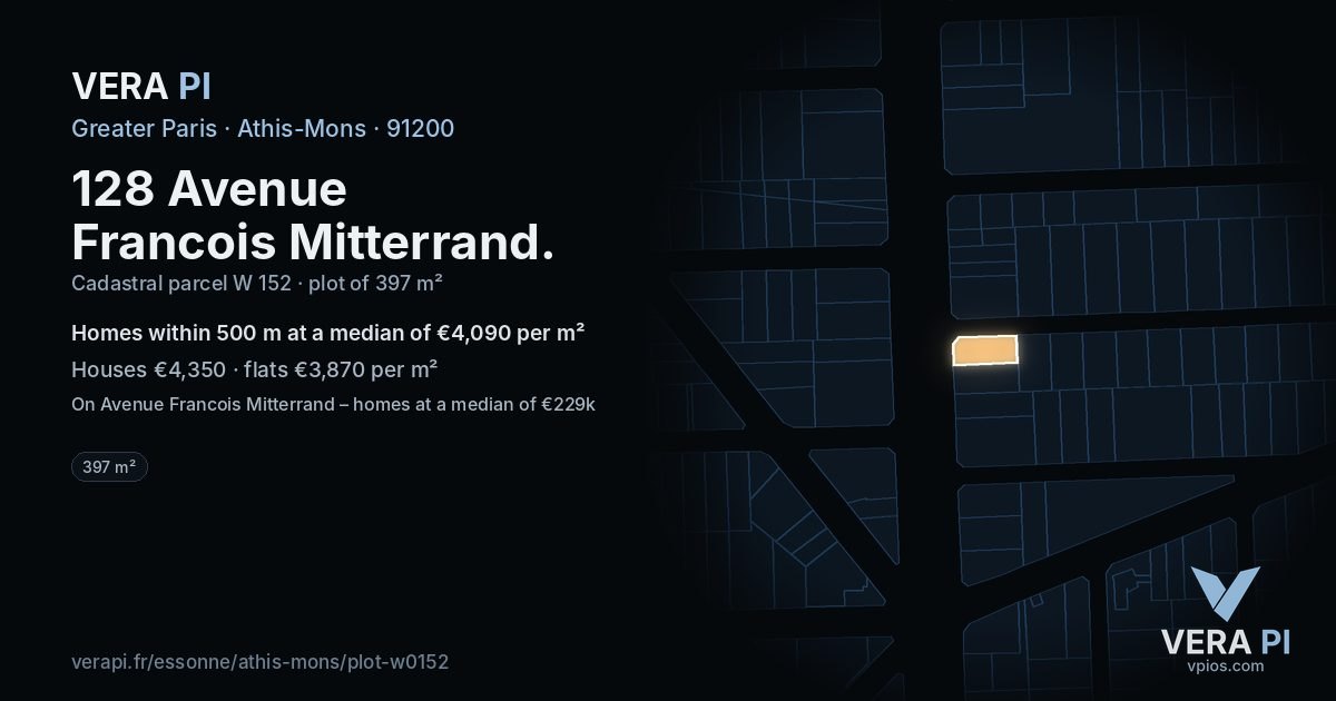 128 Avenue Francois Mitterrand, Athis-Mons at night – the plot lit, the parcels around coloured by the prices near them