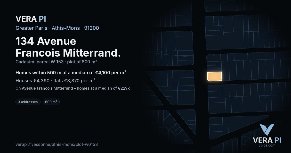 134 Avenue Francois Mitterrand, Athis-Mons at night – the plot lit, the parcels around coloured by the prices near them